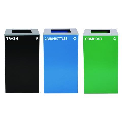 Image of Alpine Industries 29 Gallon Trash/Recycling Cans, Steel, Blue Cans/Bottles Recycling Can, Green Compost Can, Black Trash Can with Square Lids
