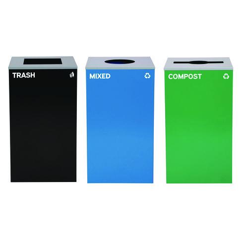 Image of Alpine Industries ALP4450BLKKIT37 29 Gallon Trash/Recycling Cans, Steel, Blue Mixed Recycling w/Circle Lid, Green Compost w/Mixed Lid, Black Trash w/Square Lid