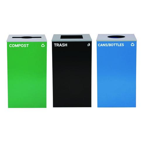 Image of Alpine Industries ALP4450BLKKIT38 29 Gallon Trash/Recycling Cans, Steel, Blue Cans/Bottles Recycling w/Circle Lid, Green Compost w/Mixed Lid, BK Trash w/Sq Lid