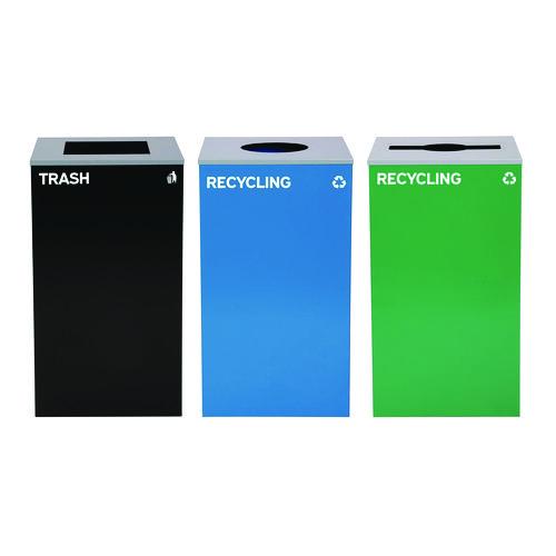 Image of Alpine Industries ALP4450BLKKIT39 29 Gallon Trash/Recycling Cans, Steel, Blue Recycling Can w/Circle Lid, Green Recycling w/Mixed Lid, Black Trash w/Square Lid