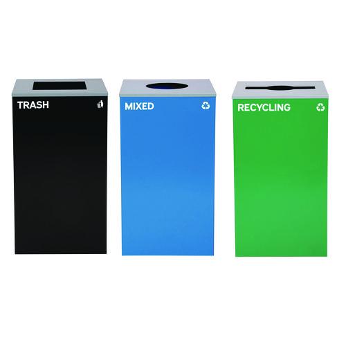 Image of Alpine Industries ALP4450BLKKIT40 29 Gallon Trash/Recycling Cans, Steel, Blue Mixed Recycling w/Circle Lid, Green Recycling w/Mixed Lid, Black Trash w/Sq Lid