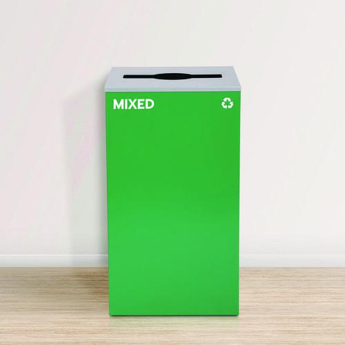 Image of Alpine Industries 29 Gallon Trash/Recycling Cans, Steel, Blue Recycling and Green Mixed Recycling Can w/Mixed Lids, Black Trash Can w/Sq Lid
