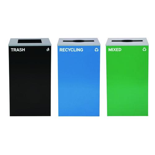 Image of Alpine Industries 29 Gallon Trash/Recycling Cans, Steel, Blue Recycling and Green Mixed Recycling Can w/Mixed Lids, Black Trash Can w/Sq Lid