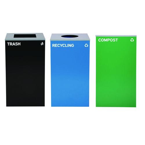 Image of Alpine Industries 29 Gallon Trash/Recycling Cans, Steel, Blue Recycling Can w/Circle Lid, Green Compost Can and Black Trash Can w/Square Lids