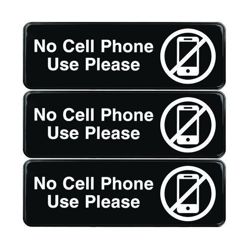 Image of Excello Global Products® EGP-HD-0266-S No Cell Phone Use Please Indoor/Outdoor Wall Sign, 9 x 3, Black Face, White Graphics, 3/Pack