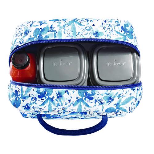 Image of fit + fresh 7039SIM3166 Simplified Lunch Bag with 4 Food Containers, 9 x 6 x 10, Blue Floral