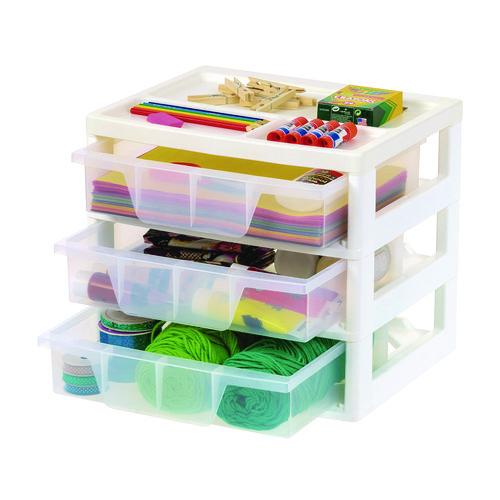 Image of IRIS 301161 3-Drawer Desktop Storage, Plastic, 14.6 x 12.31 x 12.75, White/Clear