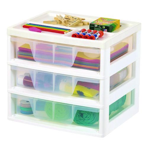 Image of IRIS 301161 3-Drawer Desktop Storage, Plastic, 14.6 x 12.31 x 12.75, White/Clear