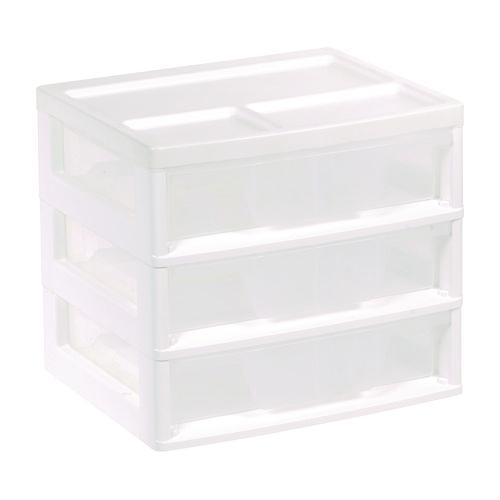 Image of IRIS 301161 3-Drawer Desktop Storage, Plastic, 14.6 x 12.31 x 12.75, White/Clear