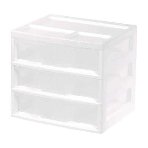Image of IRIS 301161 3-Drawer Desktop Storage, Plastic, 14.6 x 12.31 x 12.75, White/Clear