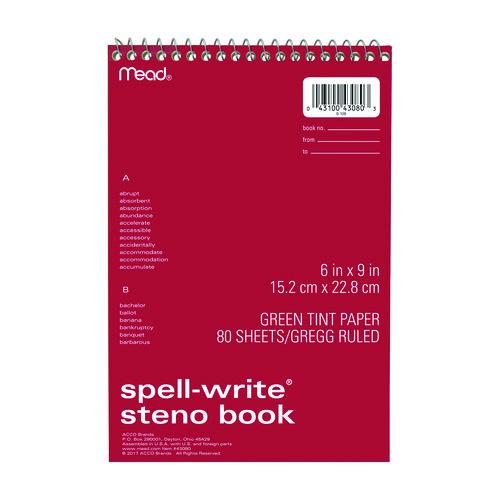 Image of Mead® 43080 Spell-Write Wirebound Steno Pad, Randomly Assorted Cover Colors, Gregg Rule, (80) Green 6 x 9 Sheets