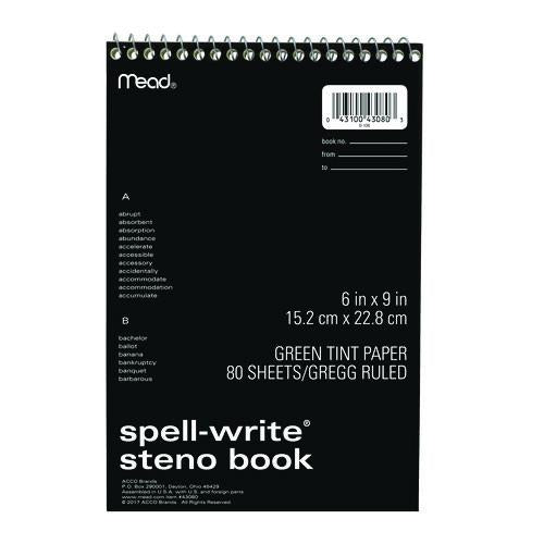 Image of Mead® 43080 Spell-Write Wirebound Steno Pad, Randomly Assorted Cover Colors, Gregg Rule, (80) Green 6 x 9 Sheets
