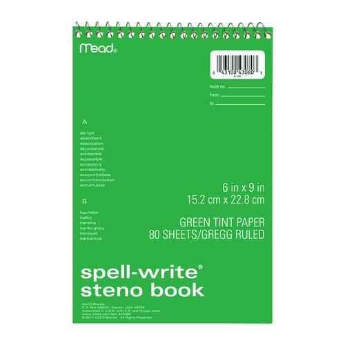 Image of Mead® 43080 Spell-Write Wirebound Steno Pad, Randomly Assorted Cover Colors, Gregg Rule, (80) Green 6 x 9 Sheets