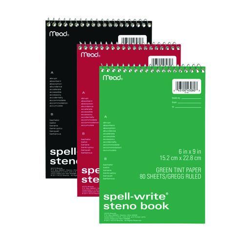 Image of Mead® 43080 Spell-Write Wirebound Steno Pad, Randomly Assorted Cover Colors, Gregg Rule, (80) Green 6 x 9 Sheets