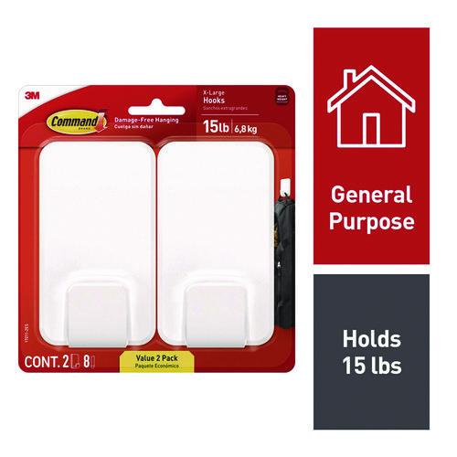 Image of Command 17011-2ES X-large Utility Hooks, Plastic, White, Supports 15 lb, 2/Pack
