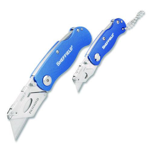 Image of Sheffield 12117 Folding Lock Back Utility Knife Set, 1 Standard, 1 Mini, Blue