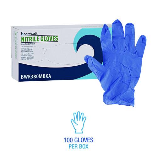 Image of Boardwalk® 380MBXA 380 Series Disposable General-Purpose Nitrile Gloves, Powder-Free, Medium, 4 mil Thick, 9.5" Long, Blue, 100/Box