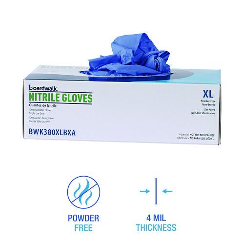 Image of Boardwalk® 380XLBXA 380 Series Disposable General-Purpose Nitrile Gloves, Powder-Free, X-Large, 4 mil Thick, 9.5" Long, Blue, 100/Box