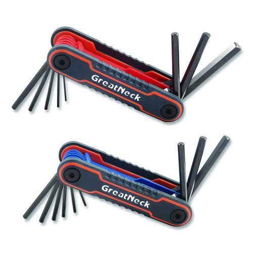Image of Great Neck® 74205 Hex Key Fold-Up Tool Set, Two-Piece, Metric/SAE, Black-Oxide/Blue (SAE), Black-Oxide/Red (Metric)