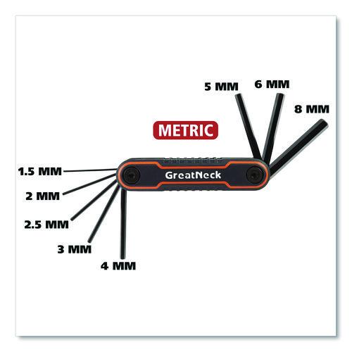 Image of Great Neck® 74205 Hex Key Fold-Up Tool Set, Two-Piece, Metric/SAE, Black-Oxide/Blue (SAE), Black-Oxide/Red (Metric)