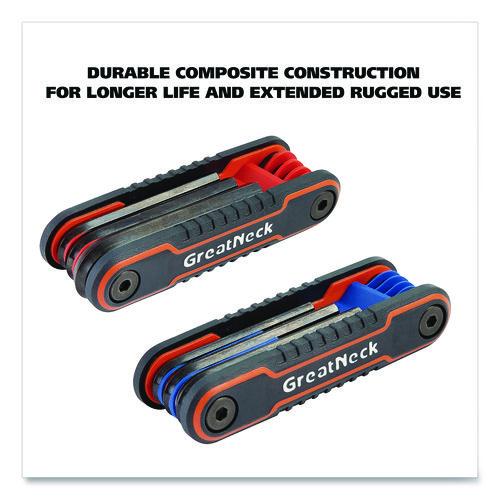Image of Great Neck® 74205 Hex Key Fold-Up Tool Set, Two-Piece, Metric/SAE, Black-Oxide/Blue (SAE), Black-Oxide/Red (Metric)