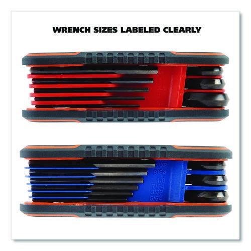 Image of Great Neck® 74205 Hex Key Fold-Up Tool Set, Two-Piece, Metric/SAE, Black-Oxide/Blue (SAE), Black-Oxide/Red (Metric)