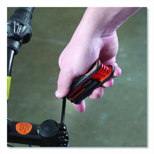 Image of Great Neck® 74205 Hex Key Fold-Up Tool Set, Two-Piece, Metric/SAE, Black-Oxide/Blue (SAE), Black-Oxide/Red (Metric)