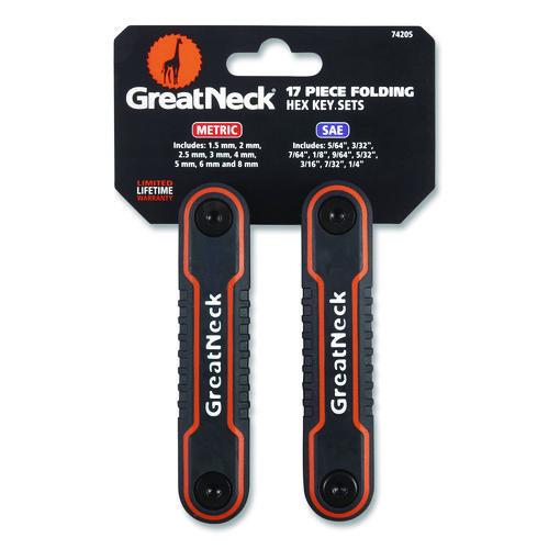 Image of Great Neck® 74205 Hex Key Fold-Up Tool Set, Two-Piece, Metric/SAE, Black-Oxide/Blue (SAE), Black-Oxide/Red (Metric)