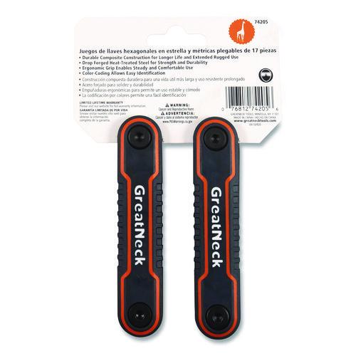 Image of Great Neck® 74205 Hex Key Fold-Up Tool Set, Two-Piece, Metric/SAE, Black-Oxide/Blue (SAE), Black-Oxide/Red (Metric)