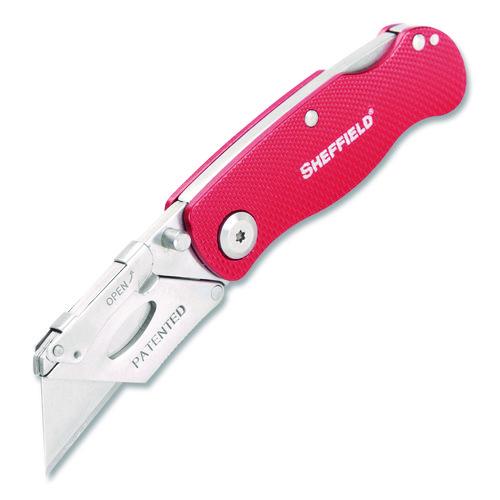 Image of Sheffield 12614 Quick Change Lock Back Utility Knife, 1.25" Blade, 3.5" Aluminum Handle, Red