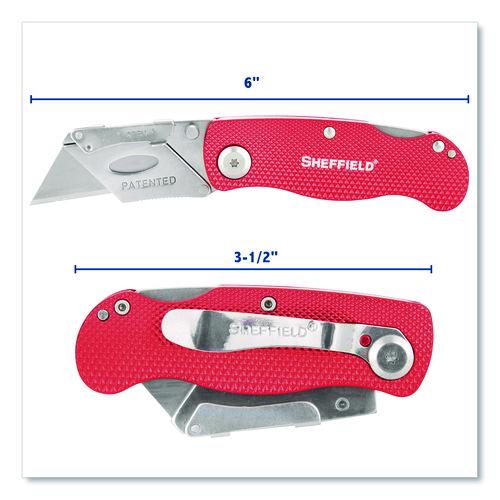 Image of Sheffield 12614 Quick Change Lock Back Utility Knife, 1.25" Blade, 3.5" Aluminum Handle, Red