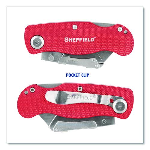 Image of Sheffield 12614 Quick Change Lock Back Utility Knife, 1.25" Blade, 3.5" Aluminum Handle, Red