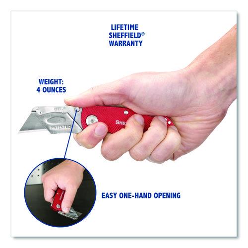 Image of Sheffield 12614 Quick Change Lock Back Utility Knife, 1.25" Blade, 3.5" Aluminum Handle, Red