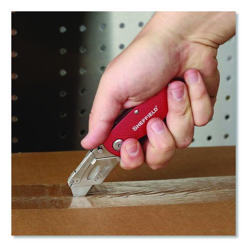 Image of Sheffield 12614 Quick Change Lock Back Utility Knife, 1.25" Blade, 3.5" Aluminum Handle, Red
