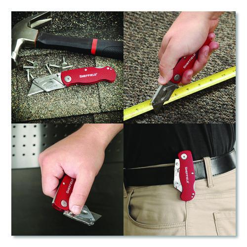 Image of Sheffield 12614 Quick Change Lock Back Utility Knife, 1.25" Blade, 3.5" Aluminum Handle, Red