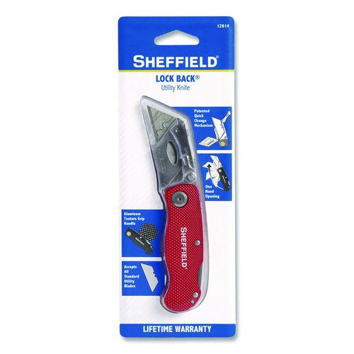 Image of Sheffield 12614 Quick Change Lock Back Utility Knife, 1.25" Blade, 3.5" Aluminum Handle, Red