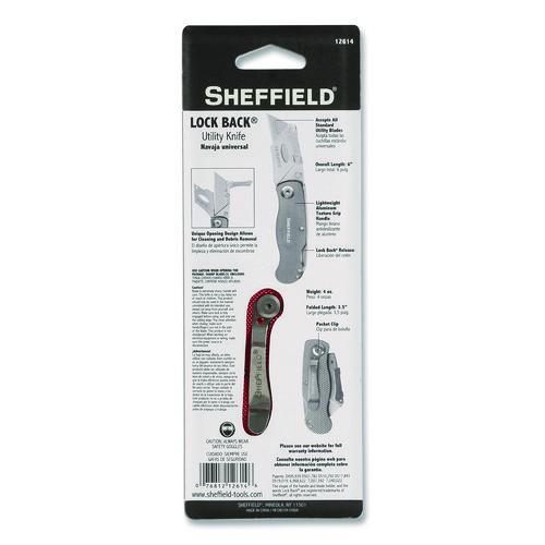 Image of Sheffield 12614 Quick Change Lock Back Utility Knife, 1.25" Blade, 3.5" Aluminum Handle, Red