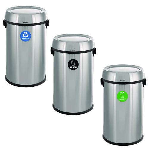 Image of Alpine Industries ALP47065L1RTCO 17 Gallon Stainless Steel Indoor Recycling, Trash and Compost Bins with Swivel Lid