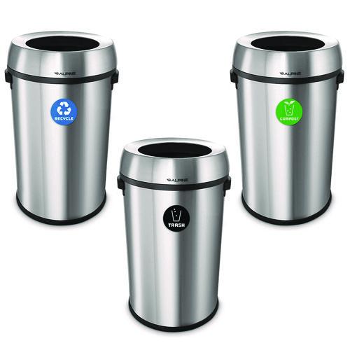 Image of Alpine Industries ALP47065LRTCO 17 Gallon Stainless Steel Open Top Recycling, Trash and Compost Station