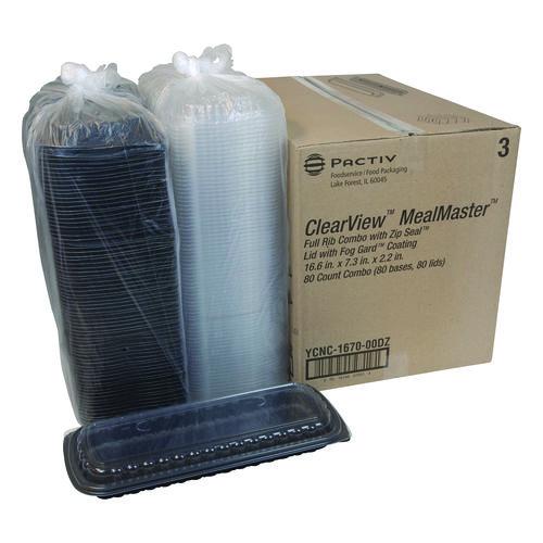 Image of Pactiv Evergreen YCNC167000DZ MealMaster Rib Container Base/Lid, 16.6 x 7.3 x 2.3, Black/Clear, Plastic, 80/Carton