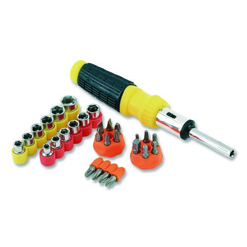 Image of Great Neck® 92018 Ratcheting Screw/Nut Driver Set, 34-Piece, Hex/Phillips/Slotted/Star Bits, Metric/SAE Sockets, 8" Long, Yellow/Black Handle