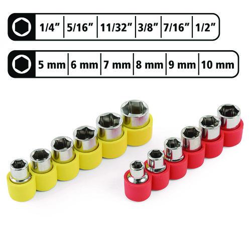 Image of Great Neck® 92018 Ratcheting Screw/Nut Driver Set, 34-Piece, Hex/Phillips/Slotted/Star Bits, Metric/SAE Sockets, 8" Long, Yellow/Black Handle