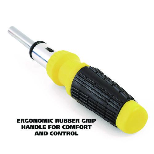 Image of Great Neck® 92018 Ratcheting Screw/Nut Driver Set, 34-Piece, Hex/Phillips/Slotted/Star Bits, Metric/SAE Sockets, 8" Long, Yellow/Black Handle