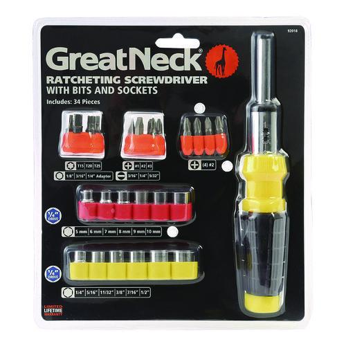 Image of Great Neck® 92018 Ratcheting Screw/Nut Driver Set, 34-Piece, Hex/Phillips/Slotted/Star Bits, Metric/SAE Sockets, 8" Long, Yellow/Black Handle