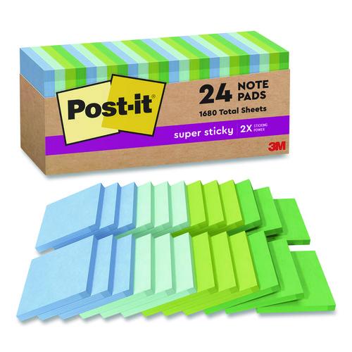 Image of Post-it® Notes Super Sticky 654R-24SST-CP 100% Recycled Paper Super Sticky Notes, 3" x 3", Oasis, 70 Sheets/Pad, 24 Pads/Pack