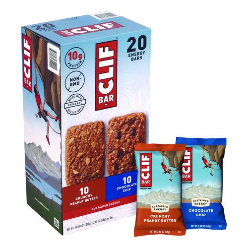 Image of CLIF® Bar 33100 Energy Bar, Variety Pack, Chocolate Chip/Crunchy Peanut Butter, 2.4 oz, 20/Box