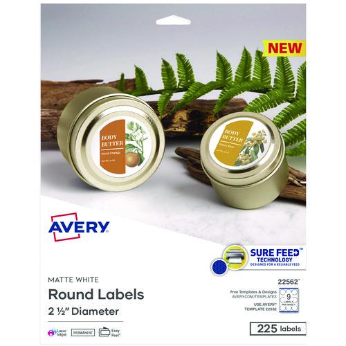 Image of Avery® 22562 Laser/Inkjet Media Labels, Inkjet/Laser Printers, 2.5" dia, Matte White, 9 Labels/Sheet, 25 Sheets/Pack