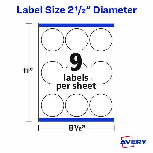 Image of Avery® 22562 Laser/Inkjet Media Labels, Inkjet/Laser Printers, 2.5" dia, Matte White, 9 Labels/Sheet, 25 Sheets/Pack