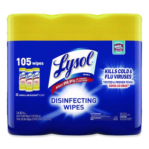 Image of LYSOL® Brand 19200-82159 Disinfecting Wipes, 1-Ply, 7 x 7.25, Lemon and Lime Blossom, White, 35 Wipes/Canister, 3 Canisters/Pack, 4 Packs/Carton