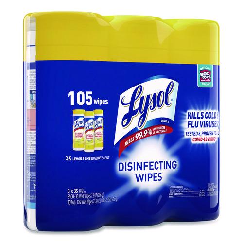 Image of LYSOL® Brand 19200-82159 Disinfecting Wipes, 1-Ply, 7 x 7.25, Lemon and Lime Blossom, White, 35 Wipes/Canister, 3 Canisters/Pack, 4 Packs/Carton